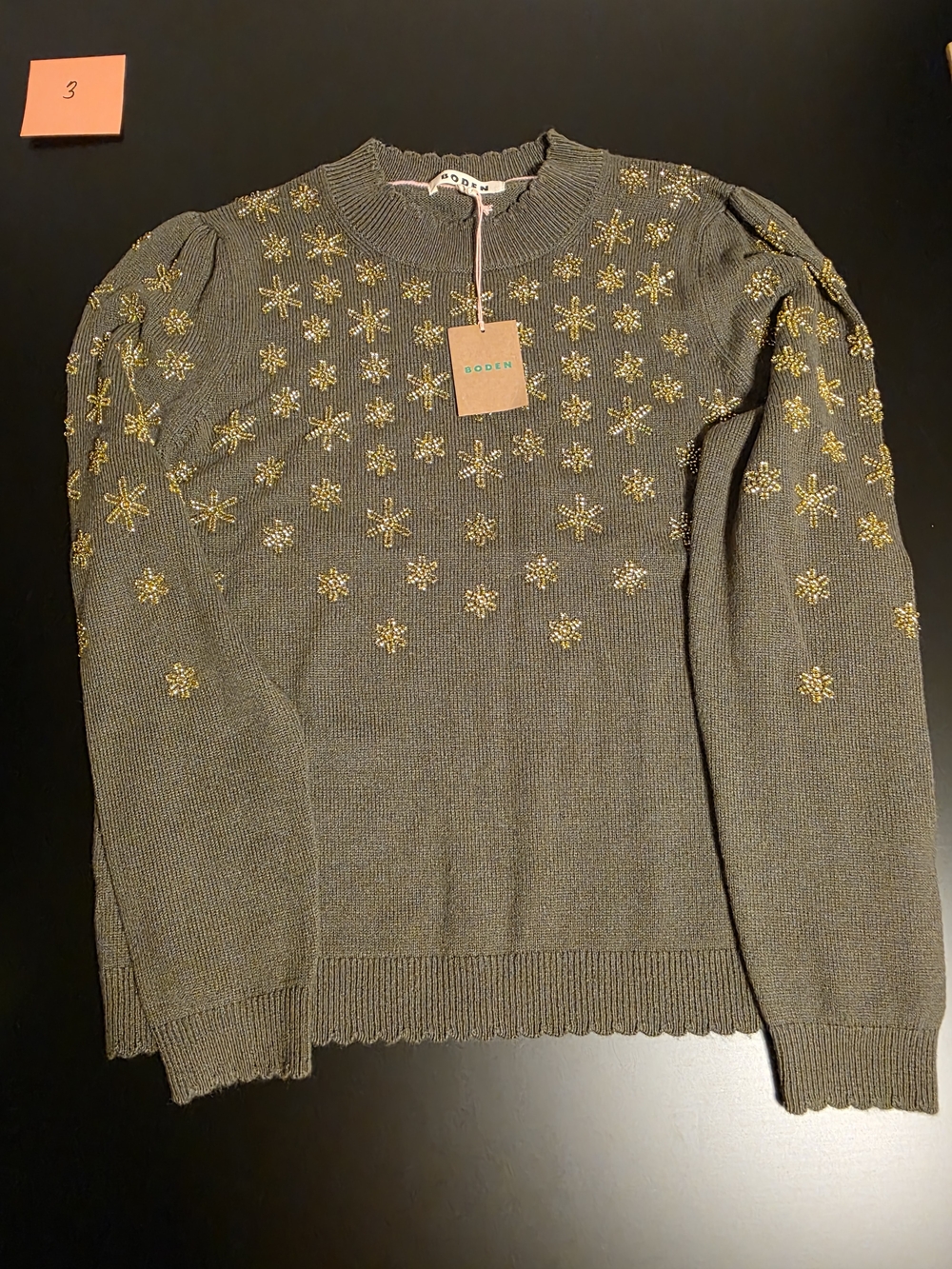 Boden Olive Green Crewneck Sweater with Beaded Gold Embellished Snowflakes